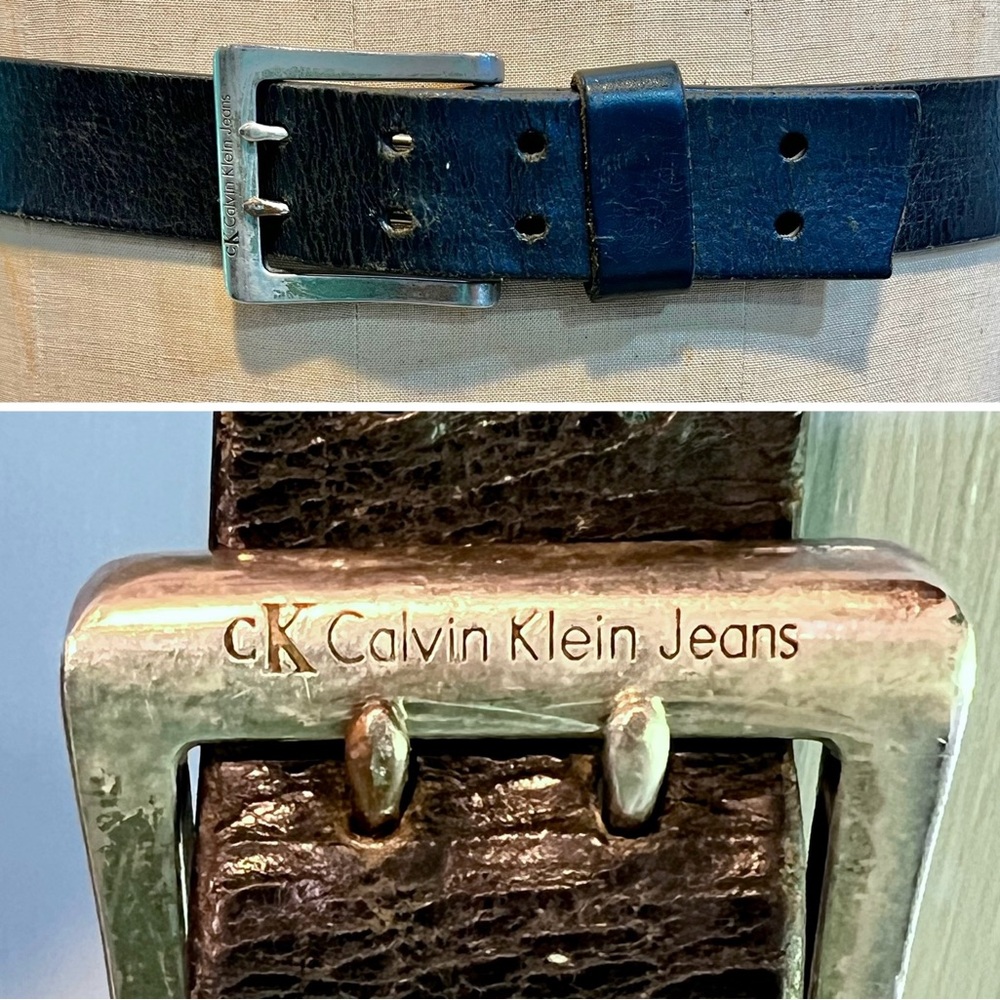 VINTAGE Calvin Klein black genuine leatherβ belt silver signature double buckle